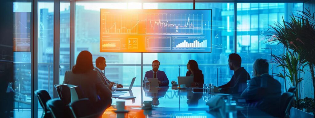eine dynamische büroatmosphäre mit einem modernen konferenztisch, an dem eine gruppe von fachleuten engagiert über finanzierungsstrategien für photovoltaikanlagen diskutiert, wobei diagramme und statistiken auf einem großen bildschirm im hintergrund angezeigt werden.