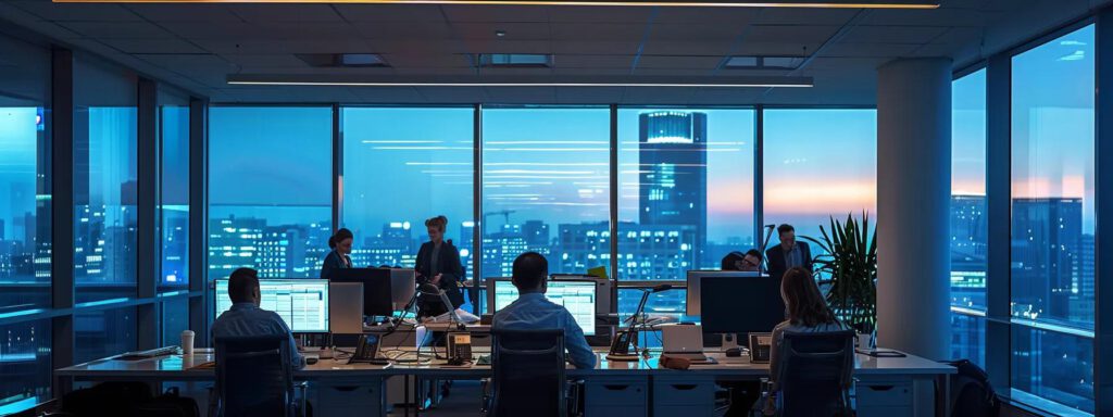 eine dynamische büroansicht, in der ein team von fachleuten bei der auswertung von regionalen daten für individuelle technologielösungen arbeitet, beleuchtet von modernem, indirektem licht, das die strategische bedeutung ihrer expertise unterstreicht.