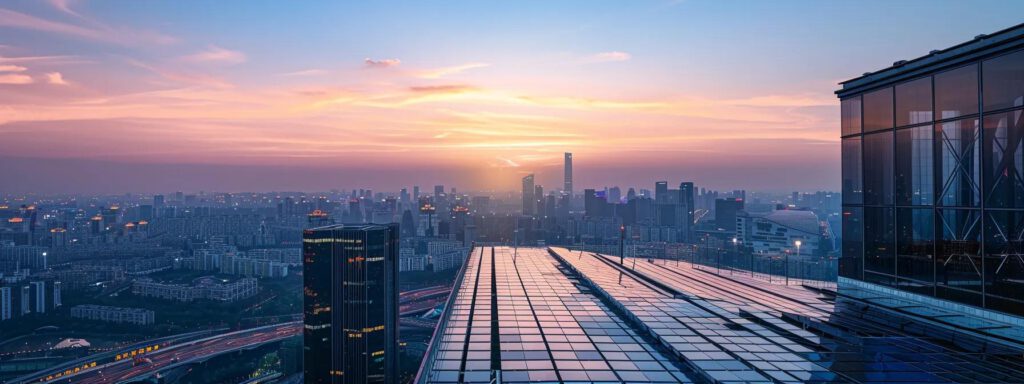 eine moderne stadtansicht zeigt ein energieeffizientes gebäude mit solarpanelen auf dem dach, das in der dämmerung beleuchtet ist und die vorteile der photovoltaik durch einen klaren himmel und eine futuristische architektur unterstreicht.