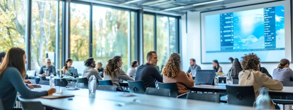 ein moderner konferenzraum mit großem fenster, in dem ein interaktives diagramm zur energieeffizienz von photovoltaiklösungen auf einem bildschirm präsentiert wird, während ein gruppen von fachleuten konzentriert diskutiert und notizen macht.