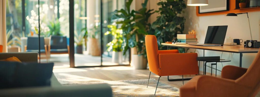 ein moderner, einladender büroraum mit einem stilvollen tisch und einem hochwertigen laptop, der die erreichbarkeit von apropos für persönliche beratung und maßgeschneiderte angebote symbolisiert.