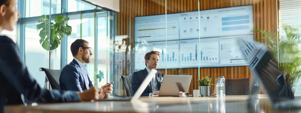 eine moderne büroumgebung, in der zwei fachleute an einem eleganten konferenztisch sitzen und einen klaren, prägnanten vergleich von qualitätsmerkmalen der apropos energiesysteme gegenüber regionalen pv-anbietern auf einem großen digitalen bildschirm präsentieren.