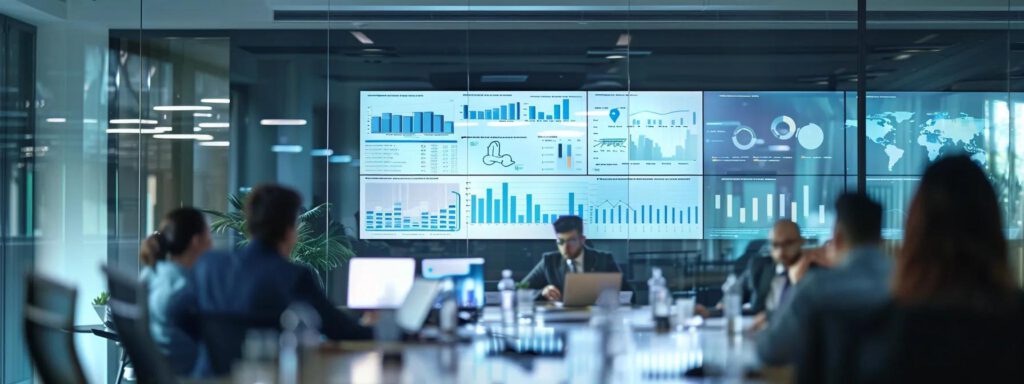 eine moderne büroräumlichkeit mit einem großen konferenztisch, ausgestattet mit digitalen displays, auf dem ansprechende grafiken und diagramme zu finanzierungsoptionen und staatlichen förderprogrammen für photovoltaikanlagen präsentiert werden, während fachleute engagiert eine strategie diskutieren.