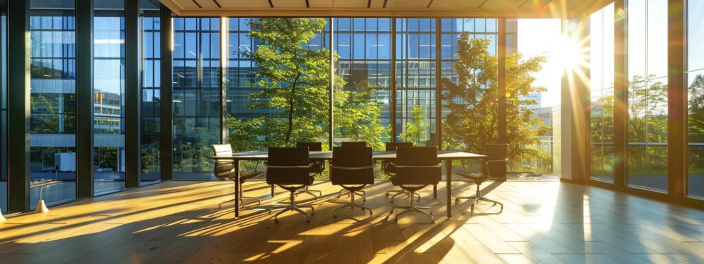eine moderne büroansicht mit einem eleganten besprechungsraum, der mit solarbetriebenen technologien ausgestattet ist und große fenster bietet, um den fokus auf nachhaltige energielösungen und kosteneffizienz zu legen.