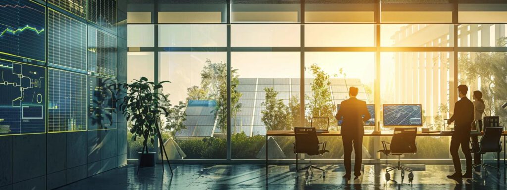 ein modernes büro mit einem großen fenster im hintergrund, in dem eine gruppe von fachleuten diskutiert, während sie verschiedene typen von solarpanels auf einem digitalen bildschirm prüfen, die in lebendigen grafiken und diagrammen dargestellt sind.