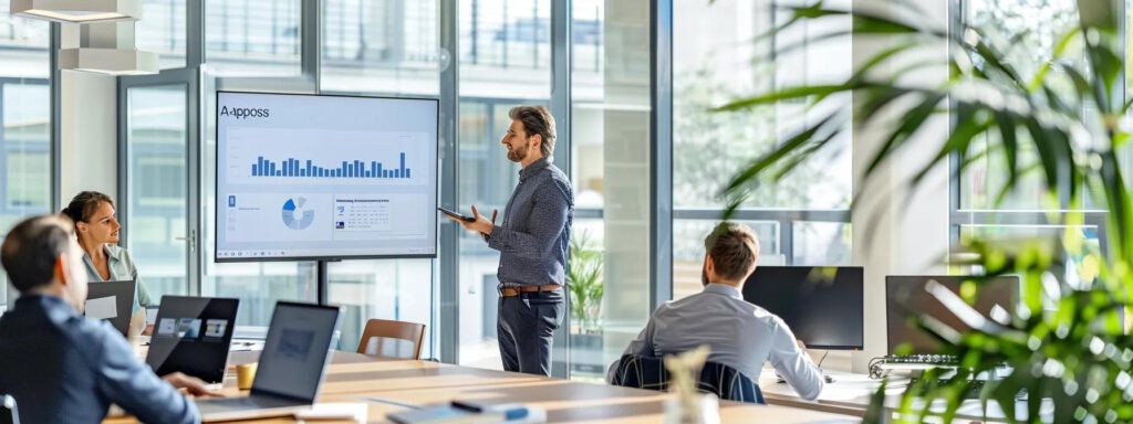 ein modernes büro mit einem zufriedenen kunden, der gebannt vor einem großen bildschirm steht, auf dem das positive feedback zu den photovoltaik-lösungen von apropos hervorgehoben wird, unterstrichen durch warmes licht und klare linien.