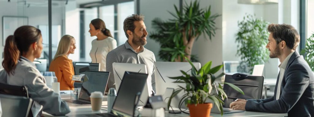 ein modernes büro mit zufriedenen kunden, die in einem ansprechenden gespräch über die hochwertige photovoltaiklösung von apropos diskutieren, während im hintergrund stilvolle präsentationsmaterialien und technische geräte präsentiert werden.