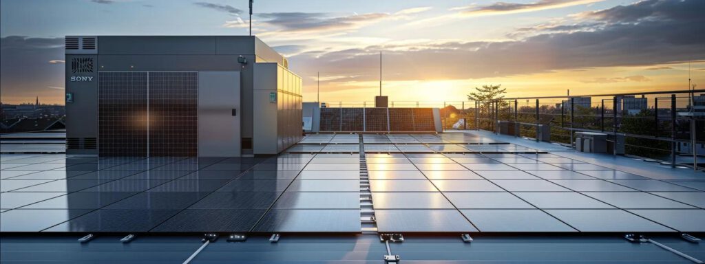 eine moderne photovoltaikanlage auf einem flachdach eines städtischen gebäudes, die glänzende solarzellen in der sonne reflektiert, während ein wechselrichter im vordergrund montiert ist und den effizienten betrieb der energieumwandlung verdeutlicht.