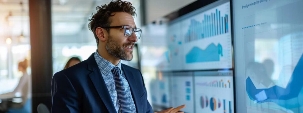 ein professioneller berater in einem modernen büroraum führt ein gespräch mit einem potenziellen kunden, während sie auf einen großen bildschirm mit grafiken zur photovoltaik-installation schauen, um verschiedene vertragsdetails und serviceleistungen zu diskutieren.