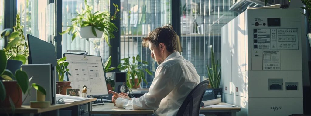 ein professioneller photovoltaik-spezialist in einem modernen büro, umgeben von zertifikaten und technischen zeichnungen, während er konzentriert an einem hochwertigen wechselrichter arbeitet, um die sicherheit und effizienz von solaranlagen zu gewährleisten.