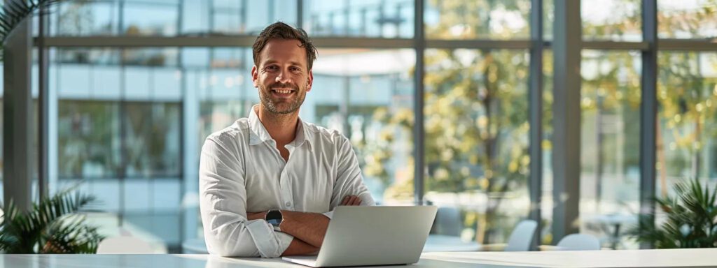 ein professioneller solarinstaller steht in einem modernen, gut beleuchteten büro, während er einem potenziellen kunden auf einem laptop überzeugend informationen über frühere projekte und systemkomponenten präsentiert.