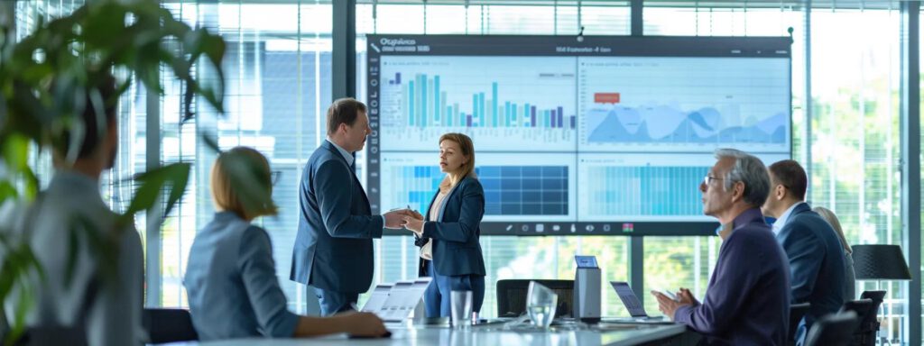in einem modernen konferenzraum stehen mehrere geschäftsleute um einen tisch und diskutieren engagiert über die installation von photovoltaikanlagen, während ein großer bildschirm im hintergrund detaillierte diagramme und informationen zu regionalen anbietern zeigt.