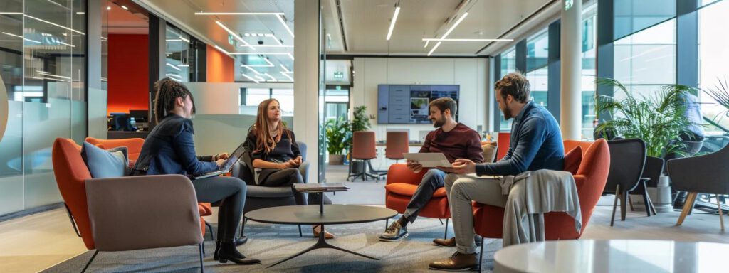 in einem modernen büro, umgeben von digitalen displays und einer einladenden sitzgruppe, berät ein engagiertes team von fachleuten einen kunden in einem lebhaften gespräch über die erstklassigen dienstleistungen und den umfassenden support von apropos.